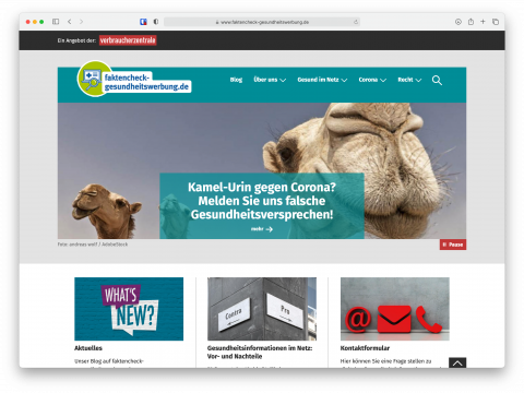 Bildschirmfoto der Webseite mit Spruch: Kamel-Urin gegen Corona?