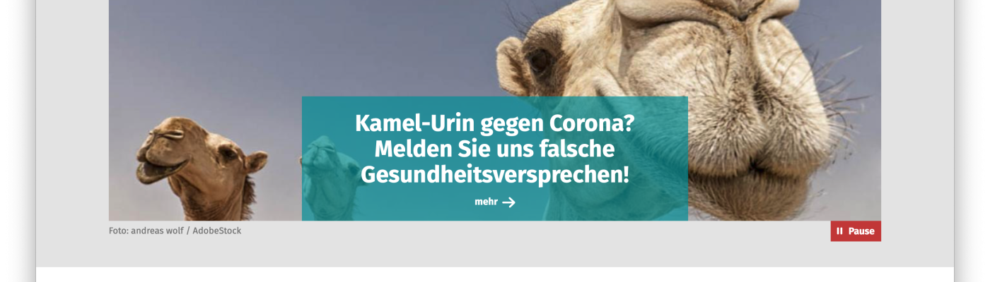 Bildschirmfoto der Webseite mit Spruch: Kamel-Urin gegen Corona?