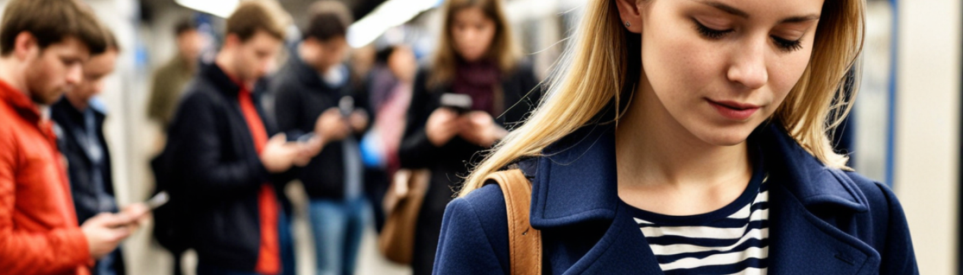 Eine junge Frau schaut auf ihr Smartphone - ebenso wie alle anderen Menschen am Bahnsteig.