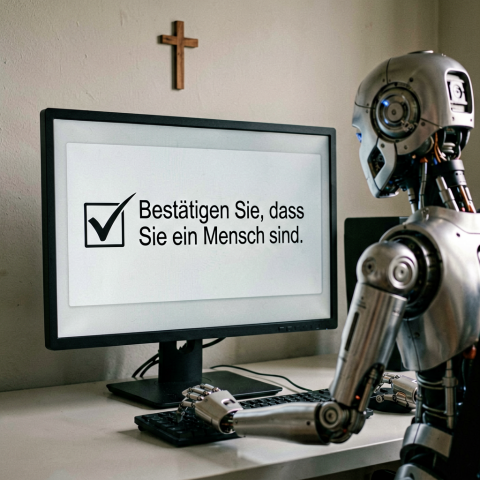 Ein humanoider Roboter klickt auf einem Bildschirm die Checkbox „Bestätigen Sie, dass Sie ein Mensch sind“. (KI-generiertes Bild)