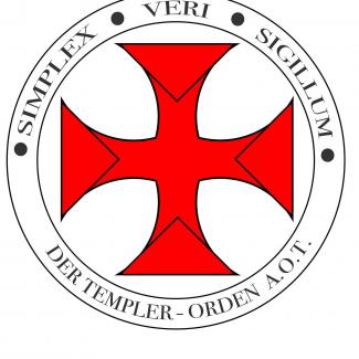 rotes Kreuz auf weißem Grund umrandet mit "Simplex Veri Sigillum" und Der Templer Orden A.O.T.