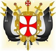 Wappen mit rotem Kreuz auf weißem Grund, goldumrandet, sowie mit jeweils drei schwarz-weißen Flaggen recht und links und zwei Schwertern, mittig ein Zepter