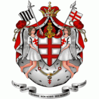 in der Mitte Wappen mit rotem Kreuz auf weißem Grund umgeben von zwei Damen , im Hintergrund zwei Flaggen und eine Krone, hauptsächlich grau-rot