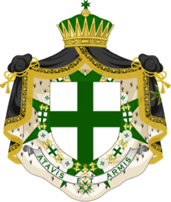 grünes Kreuz auf weißem Grund, dahinter goldener Vorhang von goldener Krone