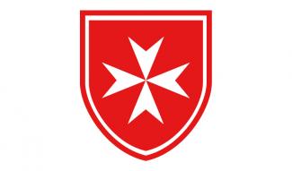 Weißes achtspitziges Kreuz auf rotem Grund in Schildform
