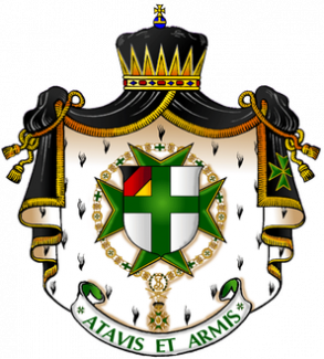 Wappen mit grünem Kreuz auf weißem Grund achtzackig, dahinter schwarzer Vorhang von goldener Krone