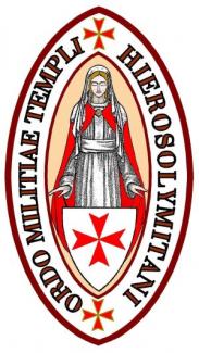 rotes Kreuz auf weißem Grund, dahinter ein Ritter, umgeben vom Namen des Ordens 