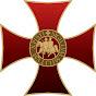 rotes Kreuz auf weißem Grund mit goldener Medaille mit Innenschrift in der Mitte