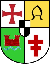 viergeteiltes Wappen mit zwei roten Kreuzen auf weißem Grund, rote Burg auf grünem Grund und schwarz auf gelbem Grund
