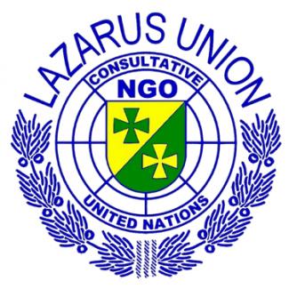 blaue Schrift Lazarus Union über grün-gelbem Wappen und NGO