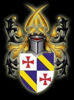 Wappen rotes Kreuz auf weißem Grund - viergeteilt und blau-gelbe Streifen dahinter Ritter und goldene Krone