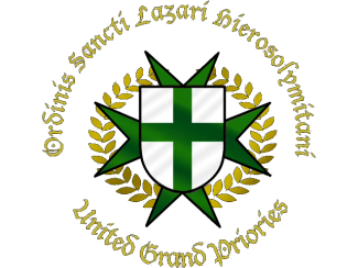 Grünes Tatzenkreuz mit Ährenkranz hinter Weiße Wappenschild mit grünem Kreuz und Umschrift