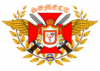 rot-weißes Wappenmit goldenen Flügeln, oben zwei Schwerter, umgeben von goldenem Lorbeer