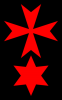 Rotes Kreuz und roter sechszackiger Stern auf schwarzem Grund