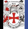Wappen mit rotem Kreuz auf weißem Grund, umgeben von Ranken, Aufschrift veritas vos liberabit 