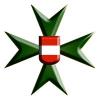 weißes Kreuz auf rot-weiß-rotem Wappen, umgeben von grünem achtzackigem Lazaruskreuz