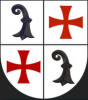 viergeteiltes Wappen, zwei rote Kreuze auf weißem Grund, und schwarz auf weißem Grund