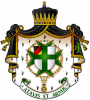 Wappen mit grünem Kreuz auf weißem Grund achtzackig, dahinter schwarzer Vorhang von goldener Krone