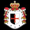 rotes Kreuz auf schwarz-weißem Wappen, dahinter Umhang herabfallend von goldener Krone