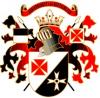 Wappen in schwarzweiß mit rotem und weißen Kreuz, Ritter mit Krone dahinter 