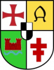 viergeteiltes Wappen mit zwei roten Kreuzen auf weißem Grund, rote Burg auf grünem Grund und schwarz auf gelbem Grund